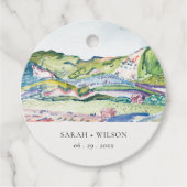 Lively Mountain Scape Blush Waterverf Wedding Bedankjes Labels (Voorkant)