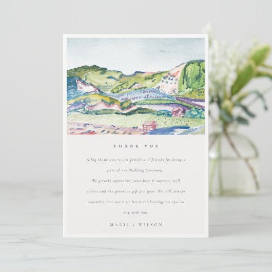 Lively Mountain Scape Blush Waterverf Wedding Bedankkaart (Staand voorkant)