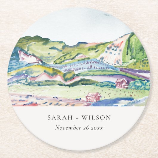 Lively Mountain Scape Blush Waterverf Wedding Ronde Kartonnen Onderzetter (Voorkant)