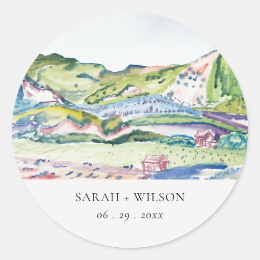 Lively Mountain Scape Blush Waterverf Wedding Ronde Sticker (Voorkant)