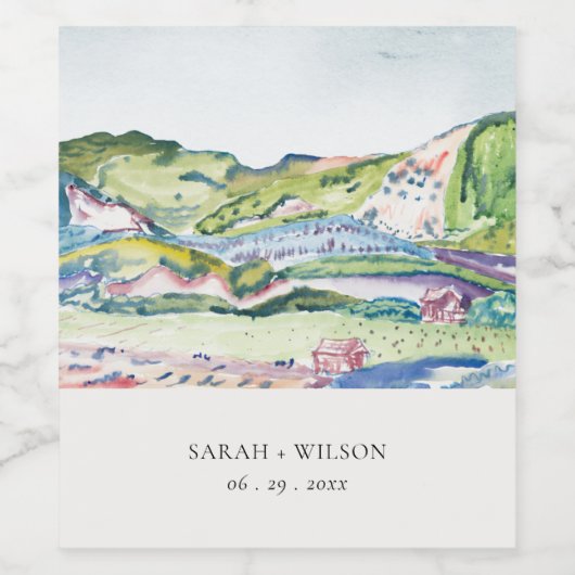 Lively Mountain Scape Blush Waterverf Wedding Wijn Etiket (Enkel label)