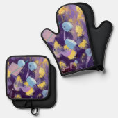 Lively, Purple and Yellow, Abstract Art  Ovenwant & Pannenlap Set (Voorkant / Achterkant)