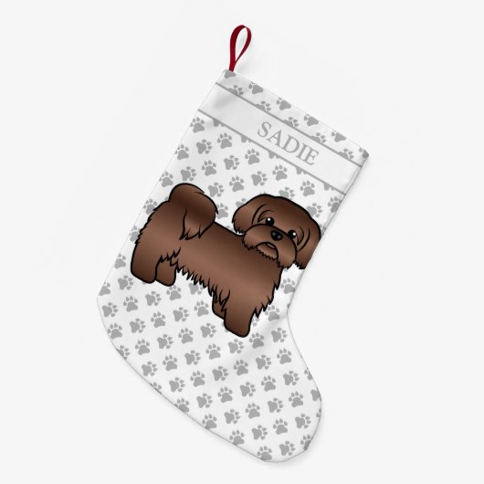 Liver Brown Shih Tzu Cute Cartoon Dog & Name Kleine Kerstsok (Voorkant (Hangend))