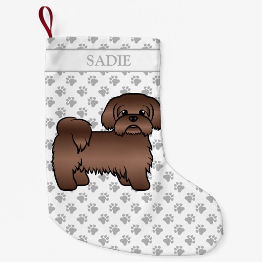 Liver Brown Shih Tzu Cute Cartoon Dog & Name Kleine Kerstsok (Voorkant)