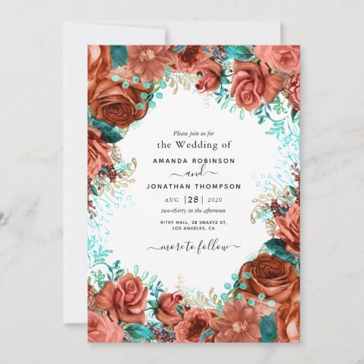 Living Coral and Blauwgroen Wedding Invitation Kaart (Voorkant)