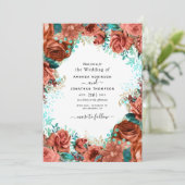 Living Coral and Blauwgroen Wedding Invitation Kaart (Staand voorkant)