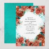 Living Coral and Blauwgroen Wedding Invitation Kaart (Voorkant / Achterkant)