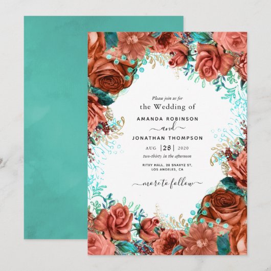 Living Coral and Blauwgroen Wedding Invitation Kaart (Voorkant / Achterkant)