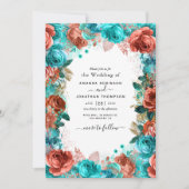 Living Coral and Blauwgroen Wedding Invitation Kaart (Voorkant)