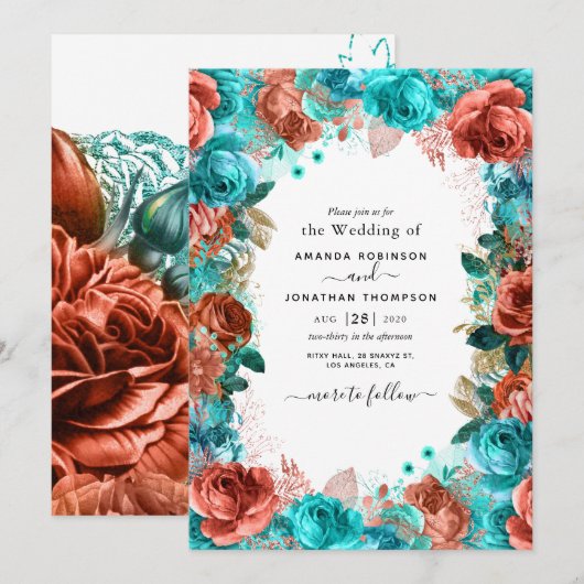Living Coral and Blauwgroen Wedding Invitation Kaart (Voorkant / Achterkant)