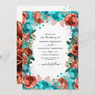 Living Coral and Blauwgroen Wedding Invitation Kaart
