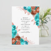 Living Coral and Blauwgroen Wedding Invitation Kaart (Staand voorkant)