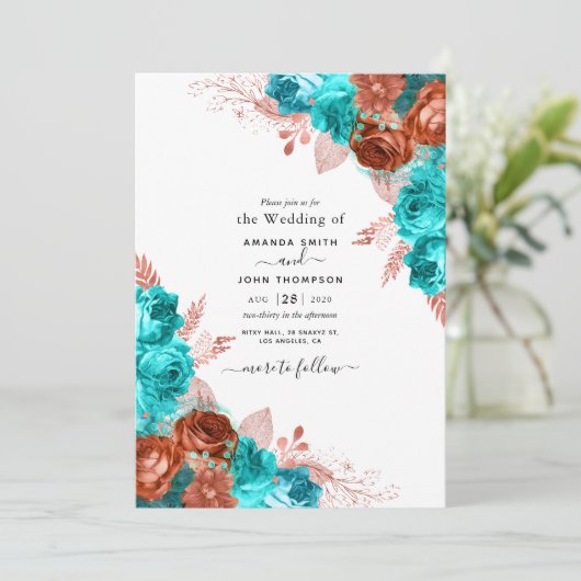 Living Coral and Blauwgroen Wedding Invitation Kaart (Staand voorkant)
