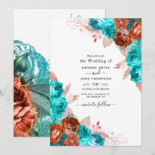 Living Coral and Blauwgroen Wedding Invitation Kaart (Voorkant / Achterkant)