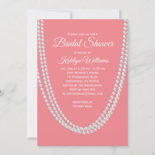 Living Coral and Pearls Bridal Shower Uitnodiging (Voorkant)