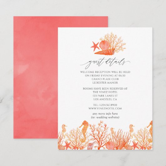 Living Coral Beach Bruiloft Gast Details Informatiekaartje (Voorkant / Achterkant)