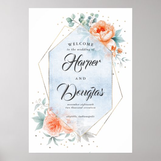 Living Coral Dusty Blue Flora Weddenschap Welkomst Poster (Voorkant)