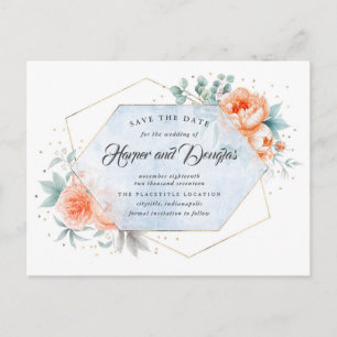 Living Coral Dusty Blue Floral Save the Date Aankondigingskaart