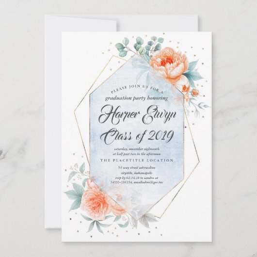 Living Coral Dusty Blue Modern Floral Afstuderen Kaart (Voorkant)