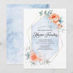 Living Coral en Dusty Blue Floral Baby shower Kaart