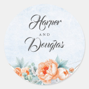 Living Coral Flowers Dusty Blue Waterverf Bruiloft Ronde Sticker