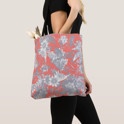 Living Coral Passion Flowers Patroon Tote Bag (Dichtbij)
