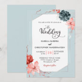 Living Coral Silver Grey Floral Waterverf Bruiloft Kaart (Voorkant / Achterkant)