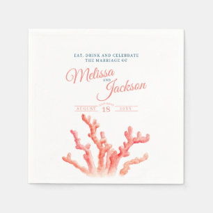 Living koraal oranje blauwe waterverf bruiloft aan servet