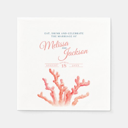 Living koraal oranje blauwe waterverf bruiloft aan servet (Voorkant)