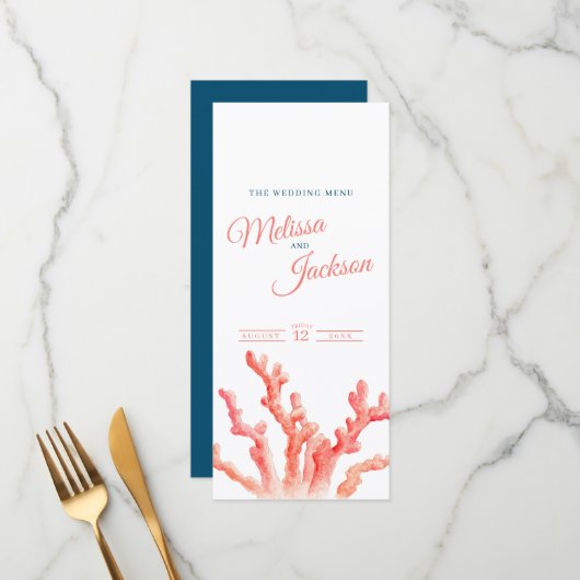 Living koraal waterverf bruiloft blauw sinaasappel menu (Voorkant / Achterkant in situ)