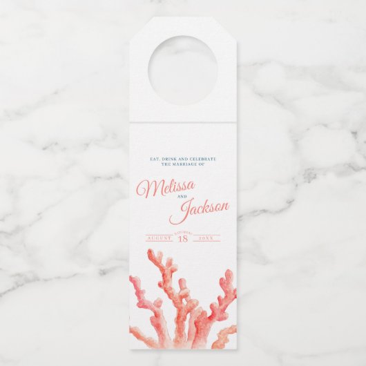 Living koraal waterverf huwelijk aangepast flessenhanger (Voorkant)