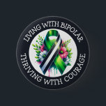 Living with Bipolar | Thriving with Courage Ronde Button 5,7 Cm<br><div class="desc">Buttons to help spread awareness for Bipolar Disorder with a black,  white and green striped awareness ribbon with an inspirational quote.</div>