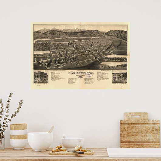 Livingston Montana 1883 Antiek Panoramische Kaart Poster (Keuken)