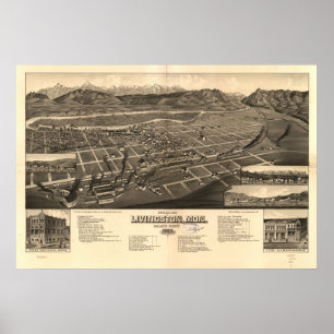 Livingston Montana 1883 Antiek Panoramische Kaart Poster