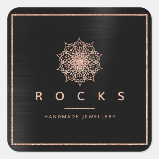 Liz Mandala Roze Rose Gold Metallic Black Glam Vierkante Sticker (Voorkant)