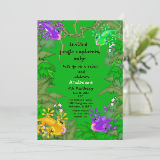 Lizard Oerwoud Birthday Uitnodiging (Staand voorkant)