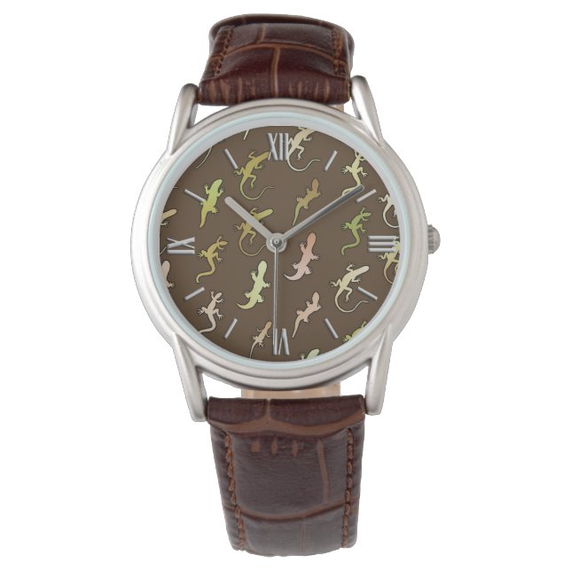 Lizards en Geckos, op koffiebruin Horloge (Voorkant)
