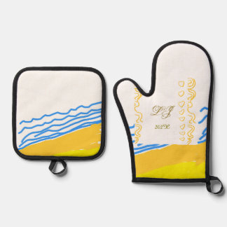 LJ Monogram Elegant Modern Wedding Beach Heart Ovenwant & Pannenlap Set