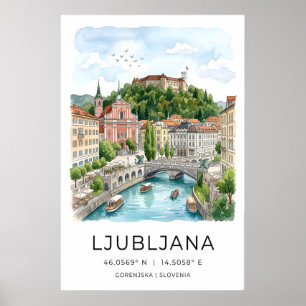 Ljubljana Muur Kunstprint Teal Rivier en Kasteel Poster