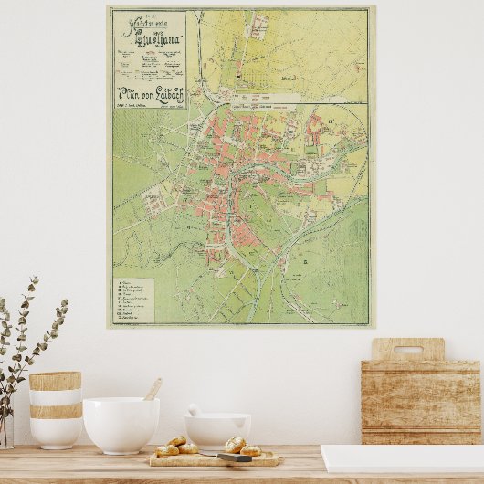 Ljubljana Slovenië Map (1902) Poster (Keuken)