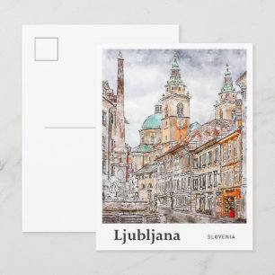 Ljubljana Slovenië Travel Waterverf Hand getekend Briefkaart
