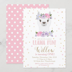 Llama 1e eerste verjaardag Roze Paarse Floral Girl Kaart