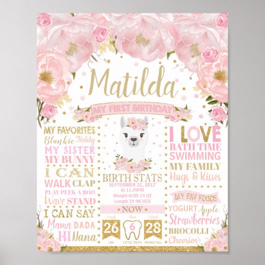 Llama 1st Birthday Mijlpalen vogelstaart Poster (Voorkant)
