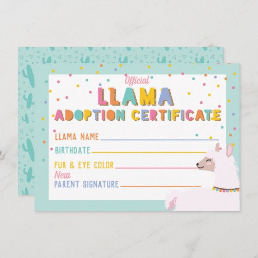 Llama Adoptie Certificaat Teken Kaart (Voorkant / Achterkant)