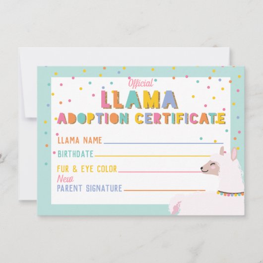 Llama Adoptie Certificaat Teken Kaart (Voorkant)