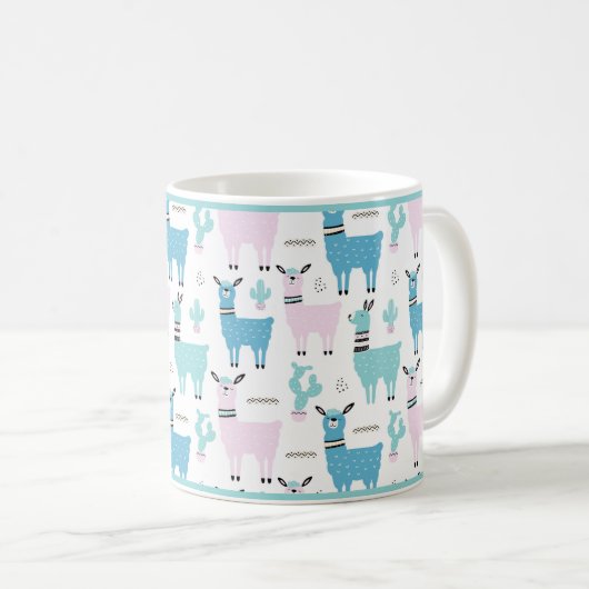 Llama Alapaca Animal Blue Roze Animals Green Trim Koffiemok (Voorkant rechts)