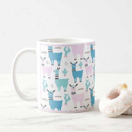 Llama Alapaca Animal Blue Roze Animals Pink Trim Koffiemok (Met donut)
