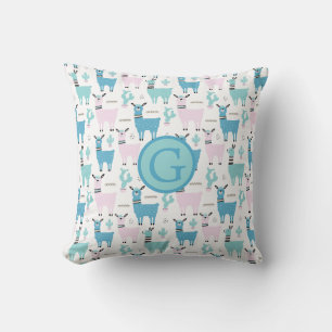 Llama Alapaca Animal Monogram Blauwe Roze Dieren Kussen
