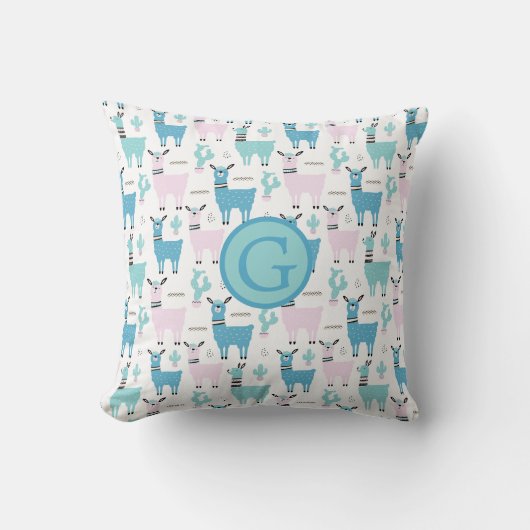 Llama Alapaca Animal Monogram Blauwe Roze Dieren Kussen (Voorkant)