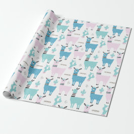 Llama Alapaca Blue Pink Baby shower Birthday Cadeaupapier